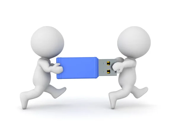 3D illustratie van twee personages uitvoering van een grote USB-stick — Stockfoto