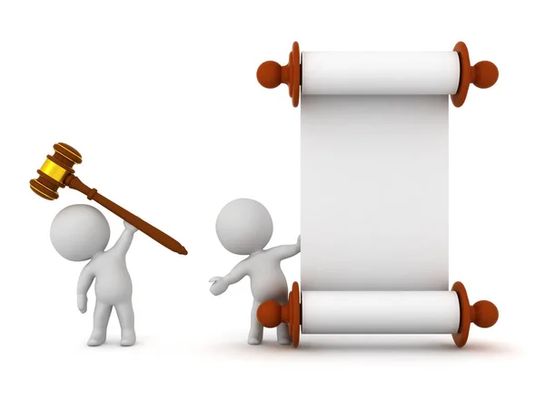 3D Characters with Wood Gavel and Scroll — Stock Photo, Image