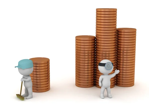 3D Character Janitor and Doctor with Stacks of Coins Showing the — Stock Photo, Image