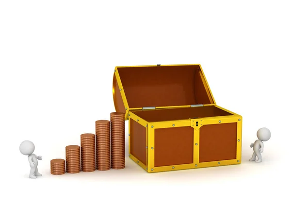 3D Characters with Stacks of Coins and Treasure Chest — Stock Photo, Image