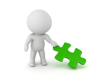 3d karakter yeşil jigsaw bulmaca parçası kaldırma