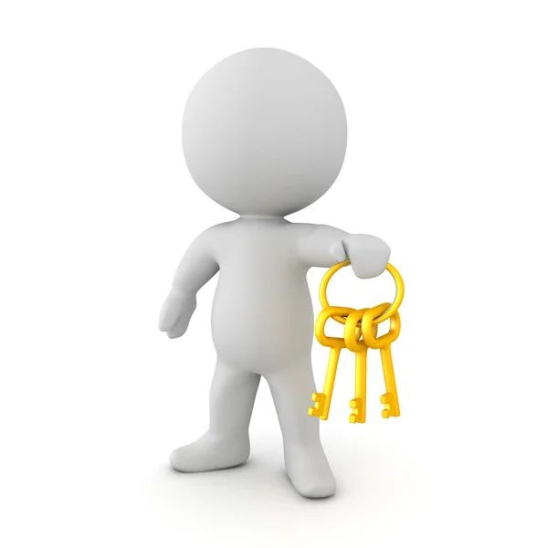 3D Character holding a golen key chain with keys — Stock Photo, Image