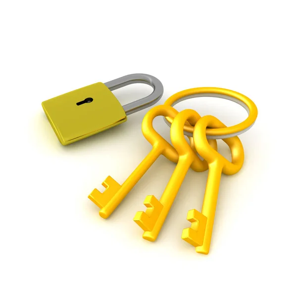 3D-Abbildung eines goldenen Schlüsselanhängers mit Schlüsselanhänger und Vorhängeschloss — Stockfoto