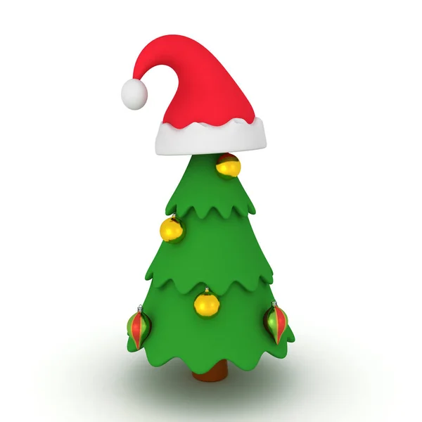 3D-Illustration des Weihnachtsbaums mit Weihnachtsmütze auf der Spitze — Stockfoto