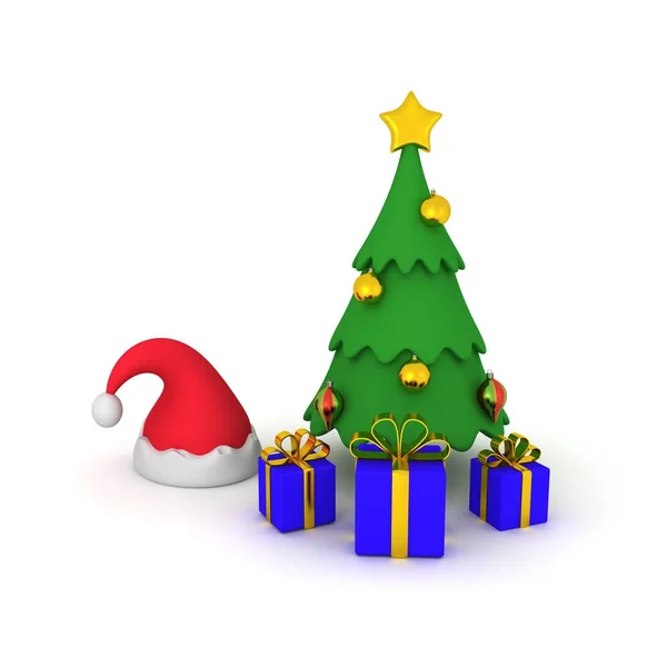 3D-Illustration von Weihnachtsmütze, Geschenken und Weihnachtsbaum — Stockfoto