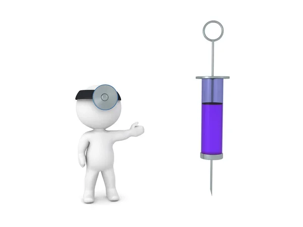 3D-персонаж одягнений як лікар, що показує великий шприц — стокове фото