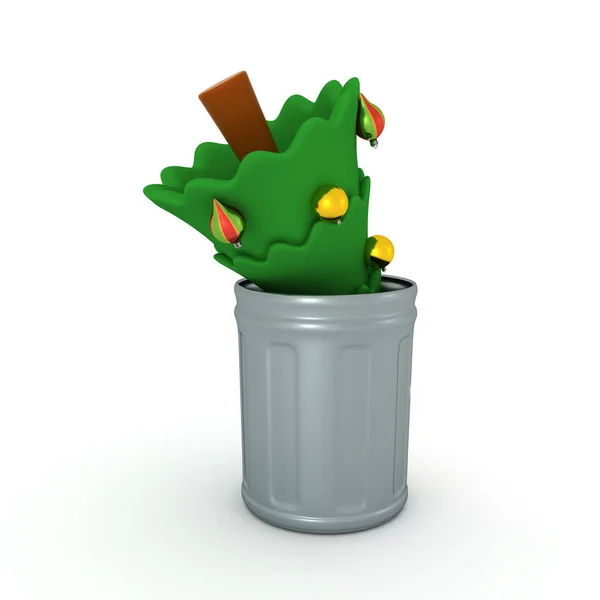 3D illustration of christmas tree thrown in a garbage can — Stock Photo, Image