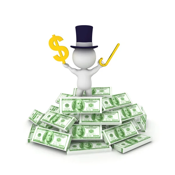 3D illustratie van een bankier met cilinderhoed staan op de top van contant geld — Stockfoto