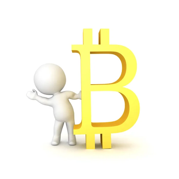 Personaje 3D saludando desde detrás de un logotipo de bitcoin —  Fotos de Stock