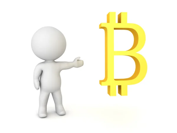 3D χαρακτήρα που δείχνει ένα σύμβολο φωτεινό κίτρινο bitcoin — Φωτογραφία Αρχείου