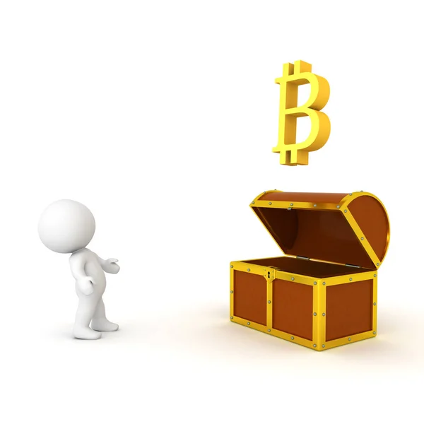 3D Character looking at bitcoin coming out of treasure chest — Stock Photo, Image