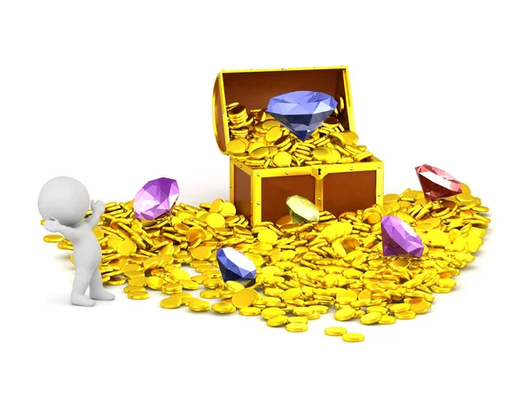 3D характер глядя на сундук сокровищ заполнен золотыми монетами и — стоковое фото