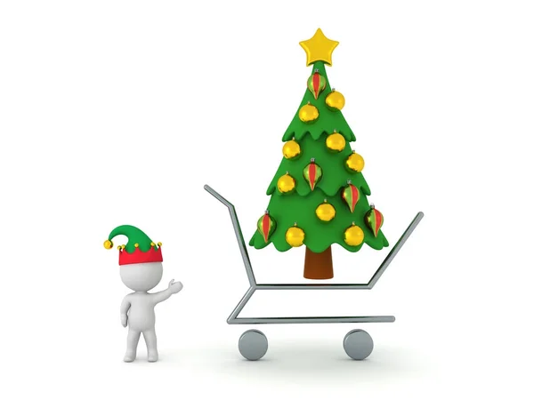 3D znak s nákupní košík nákup vánoční stromeček — Stock fotografie