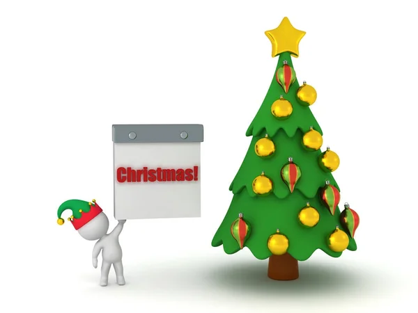 캘린더와 크리스마스 트리 3d 캐릭터 — 스톡 사진