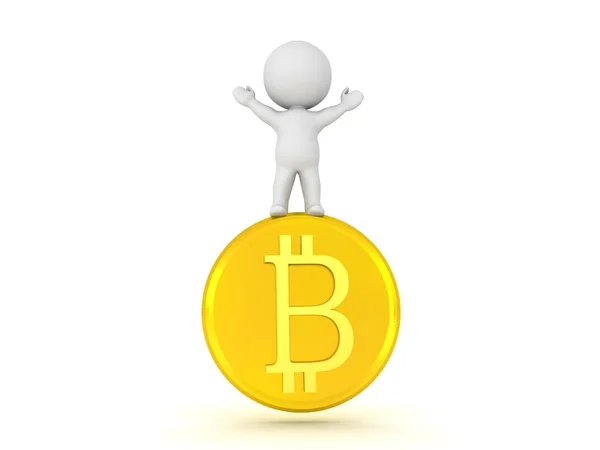 3D χαρακτήρα στέκεται στην κορυφή ενός bitcoin με τα χέρια υψωμένα — Φωτογραφία Αρχείου