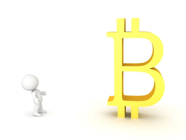 3D Character looking at giant bitcoin symbol — Stock Photo, Image