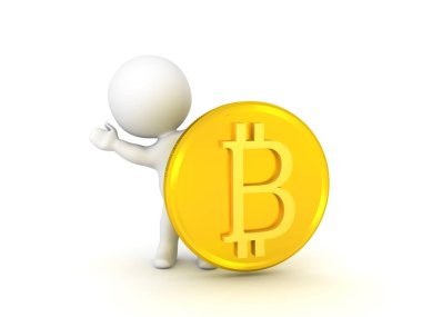 3D karakter bitcoin arkasından sallayarak 
