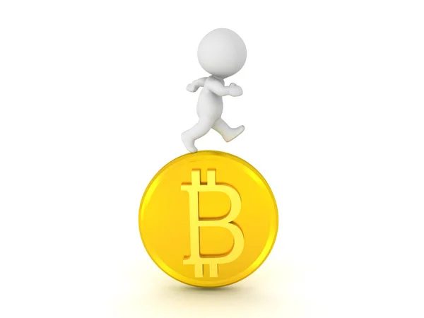 3D-karakter die naast bitcoin wordt uitgevoerd — Stockfoto
