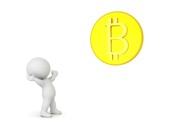 3D Character in awe of bitcoin — Stock Photo, Image