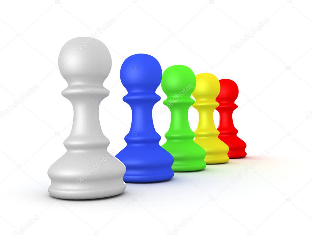 3D illustration of a row of colorful chess pieces