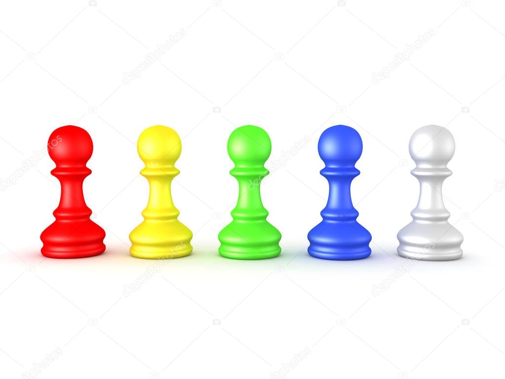 3D illustration of many colored chess pawns