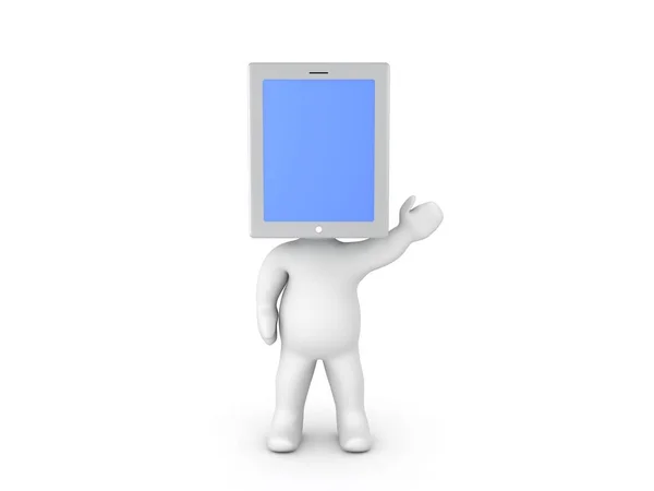 Personagem 3D com uma tela de exibição de tablet em sua cabeça — Fotografia de Stock