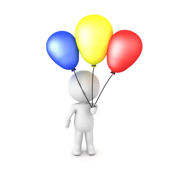Personaje 3D sosteniendo tres globos de colores —  Fotos de Stock