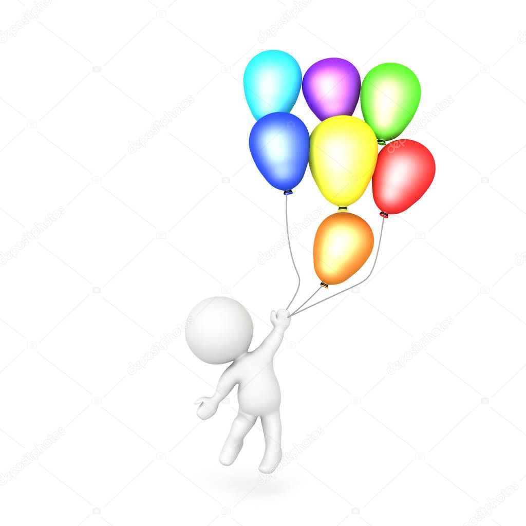  3D Character flying away holding many balloons