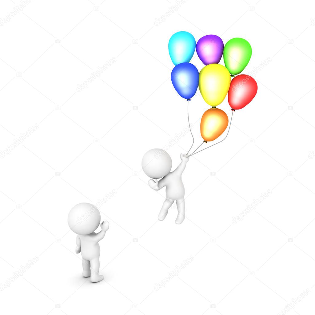 3D Character waving and saying goodbye to person who is flying a