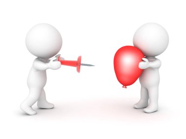 3d karakter kırmızı bir balon pop çalışıyor