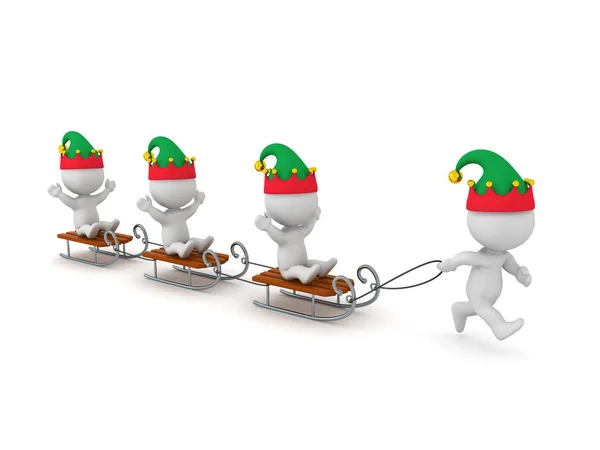 3D Characters in Elf Hats Playing with Sleds — Stock Photo, Image
