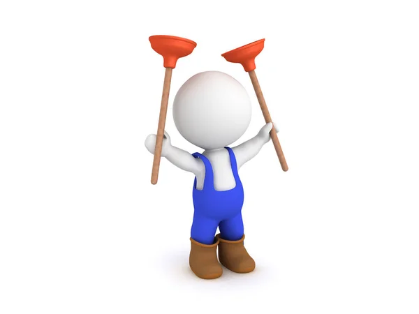 Happy 3D Plumber raising two plungers — Stock Photo, Image