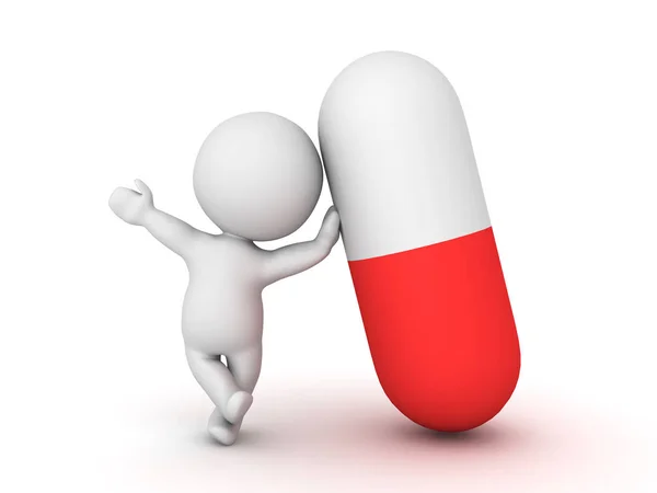 3D Character leaning on big red and white capsule — Stock Photo, Image