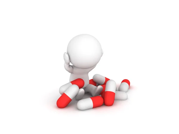 Caráter 3D estressado com muitas pílulas de cápsula ao seu redor — Fotografia de Stock