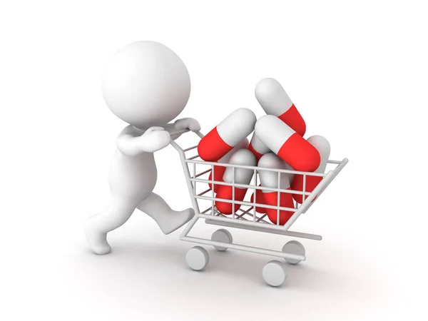 3D Character pushing shopping cart with many red white capsules — Stock Photo, Image