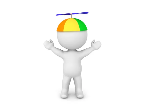 3D персонаж с поднятыми руками в разноцветной шапочке пропеллера — стоковое фото