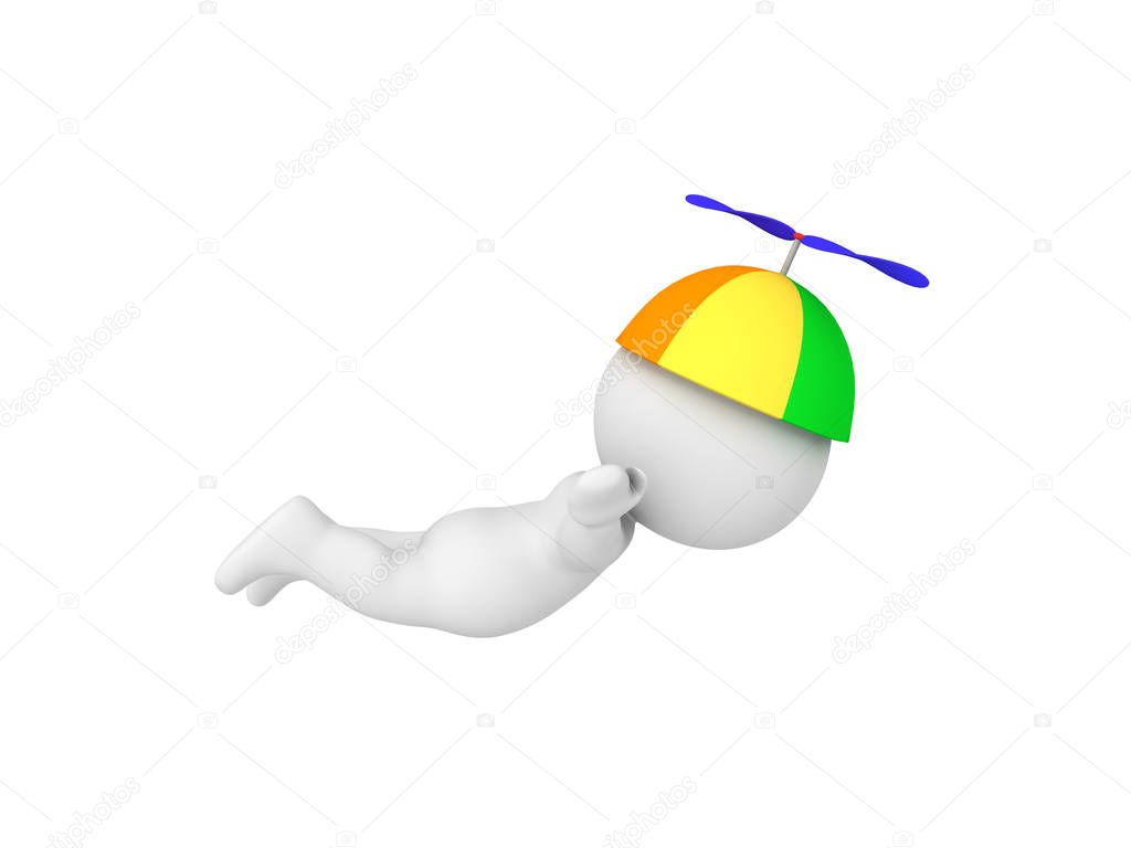 3D Character wearing propeller hat and flying