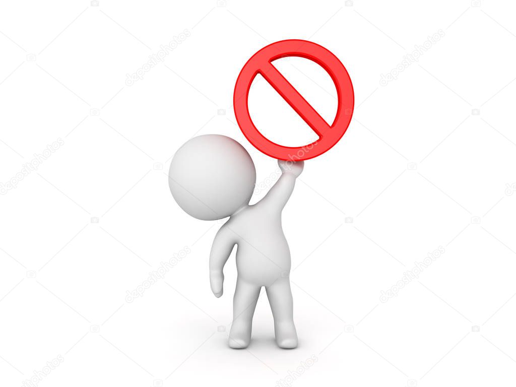 3D Character lifting up red forbidden sign