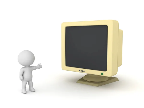Personaje 3D mostrando gran monitor retro — Foto de Stock