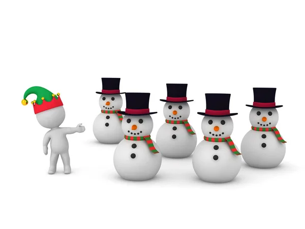Several 3D Snowmen and Character in Elf Hat — Stock Photo, Image