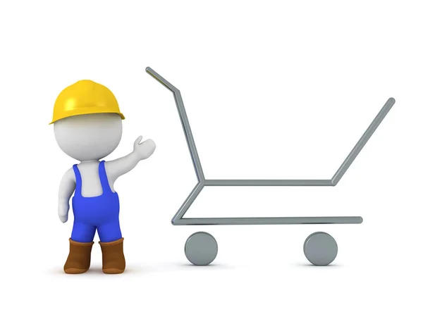 3D-karaktär bär konstruktion arbetaren overaller visar en butik — Stockfoto