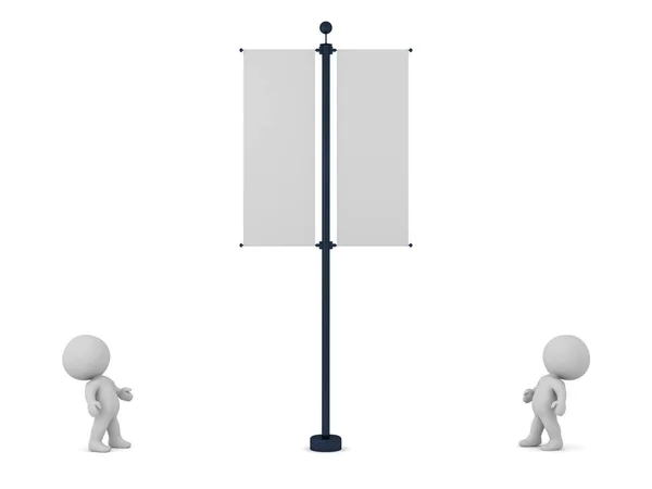 3D Characters Looking Up at Pole with Two Banners — Stock Photo, Image