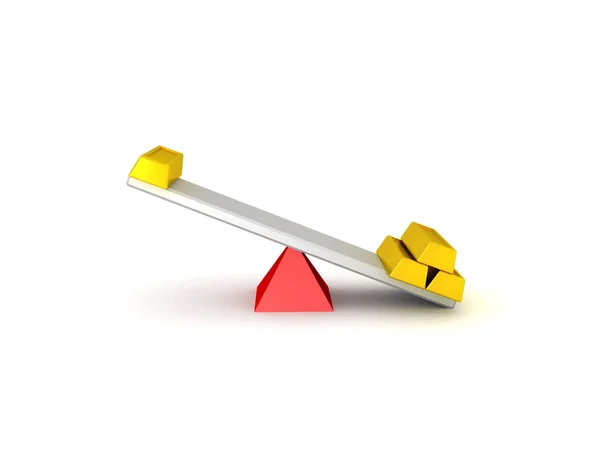 3D Illustration of seesaw with different amounts of gold on each — Stock Photo, Image