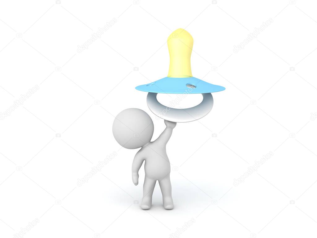 3D Character holding up a teal pacifier