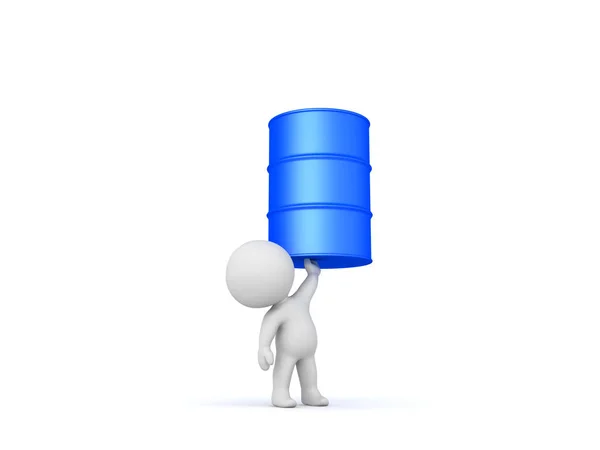3D Character raising blue metallic barrel — Stock Photo, Image