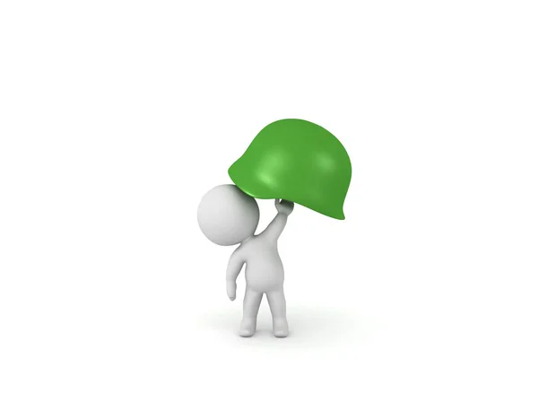 3D персонаж тримає зелений армійський шолом — стокове фото