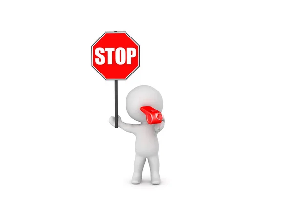 3D χαρακτήρα κρατώντας πινακίδα stop και φυσά το συριγμό — Φωτογραφία Αρχείου