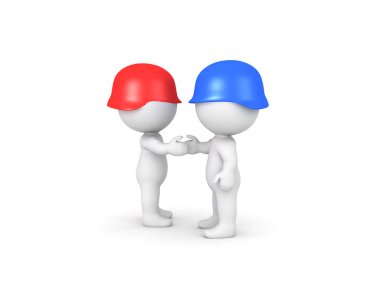 Kırmızı ve mavi askerler el sıkışan 3D çizimi