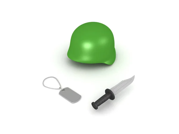 3D illustration of a army dog tag knife and helmet — Stock Photo, Image