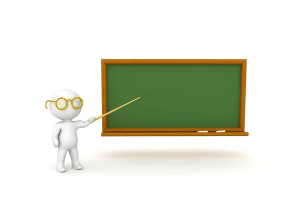 3D nauczyciel wskazuje na tablicy kredą zielony — Zdjęcie stockowe